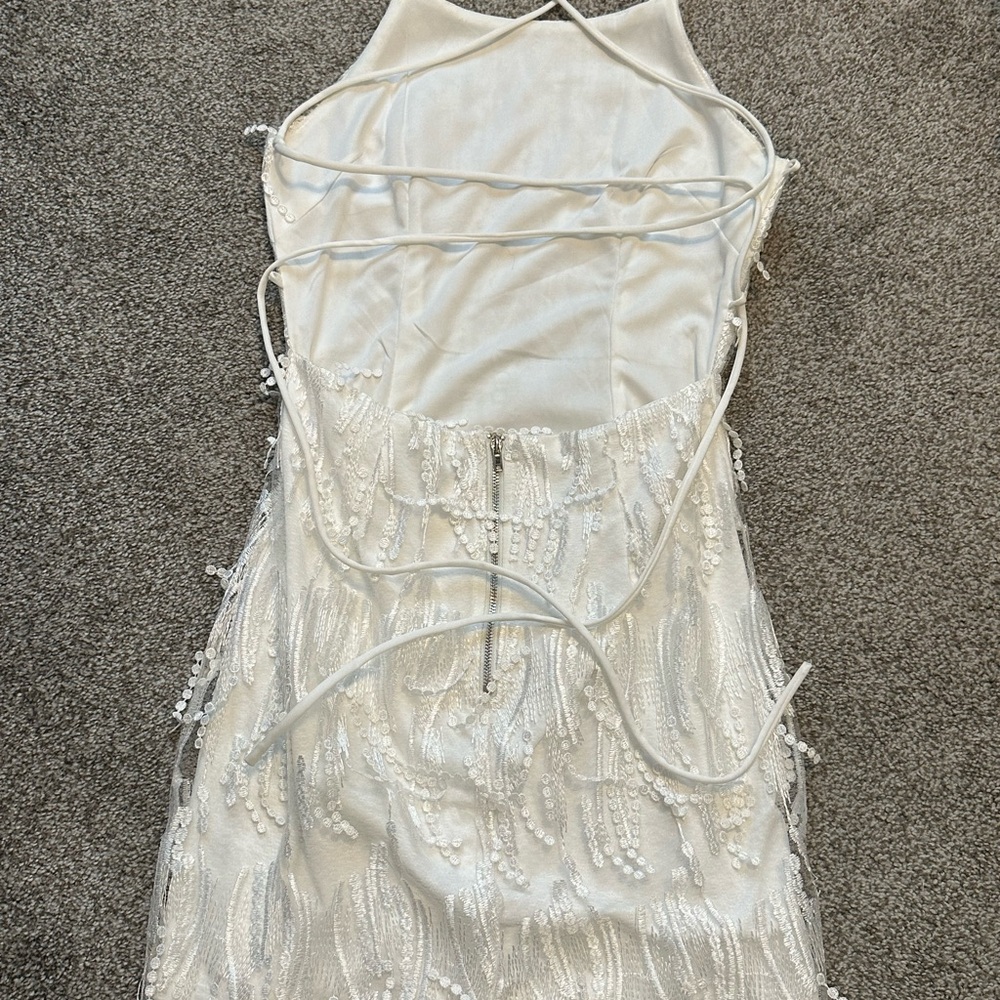 Lulu's White Beaded Fringe Spaghetti Strap Mini Dress - Picture 4 of 6